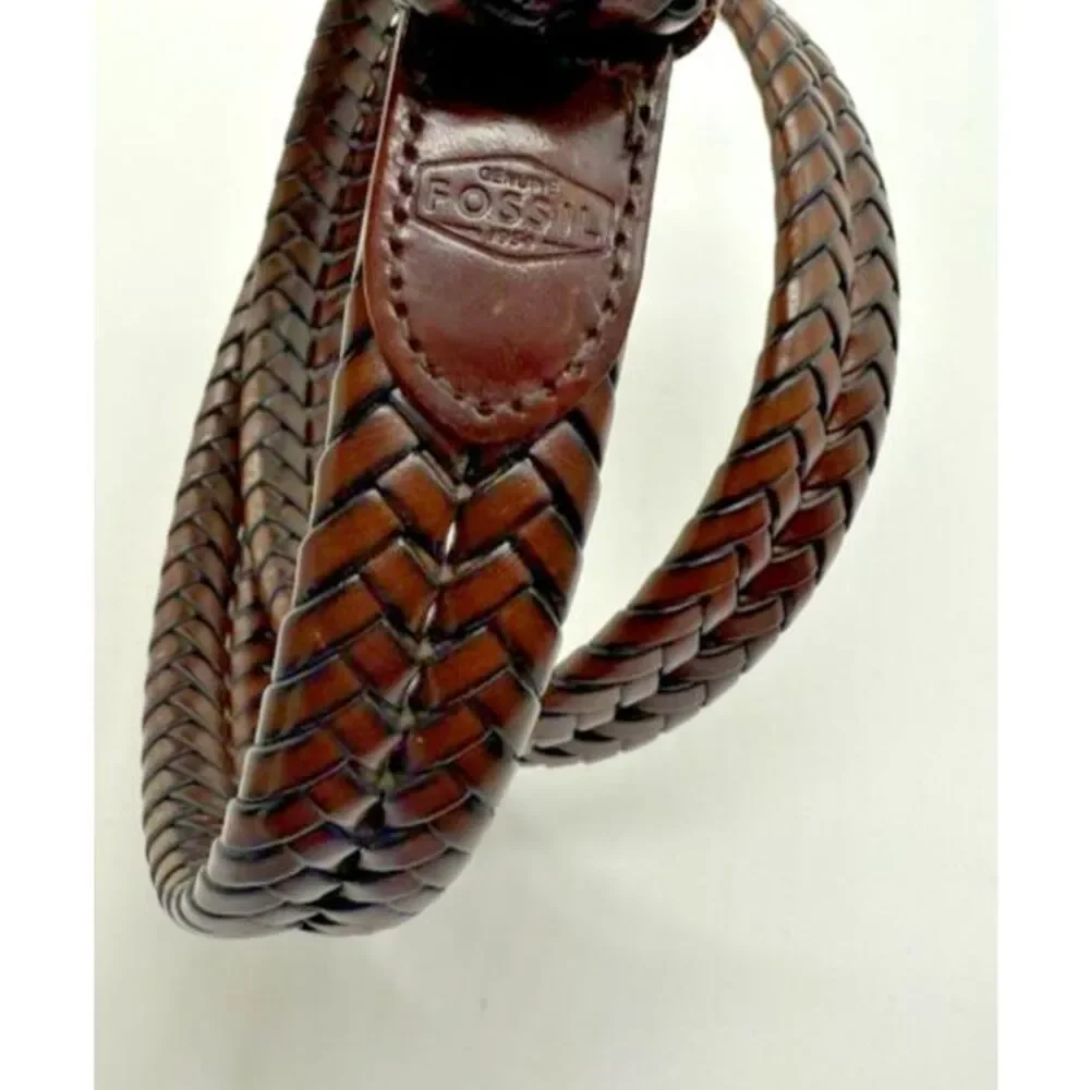 Fossil Belt Mens‎ 40 Braided Woven Leather Brass Buckle Casual Classic